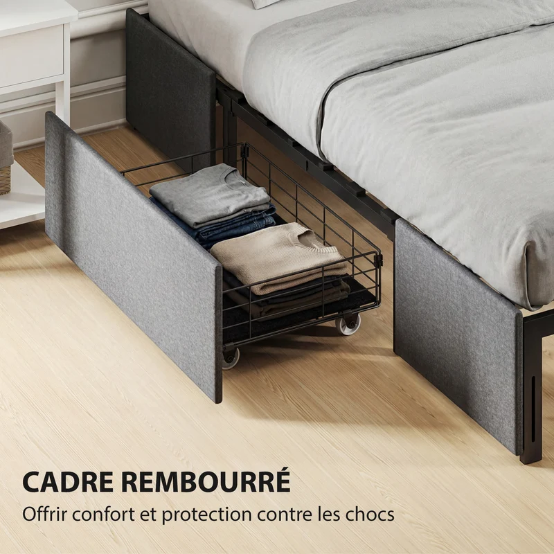 Lit coffre double rembourré 140 x 190 cm rangement 3 tiroirs sommier silencieux sans bruit design épuré en polyester gris 21_0003787
