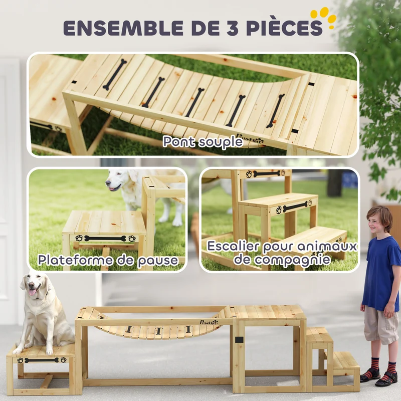 Kit d'agilité pour chien 3 pièces 117 x 50 x 56 cm pour chiens jusqu'à 40 kg entraînement scandinave en bois naturel 21_0007529