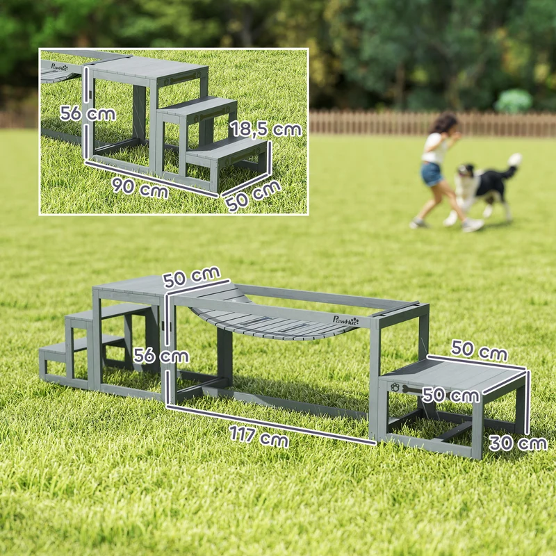 Kit d'agilité pour chien 117 x 50 x 56 cm entraînement ludique pour chiens jusqu'à 40 kg scandinave épuré en bois gris 21_0007528