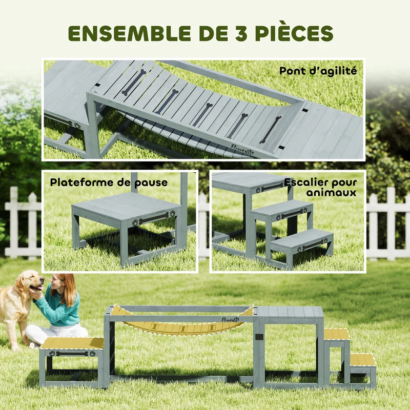 Kit d'agilité pour chien 117 x 50 x 56 cm entraînement ludique pour chiens jusqu'à 40 kg scandinave épuré en bois gris 21_0007528