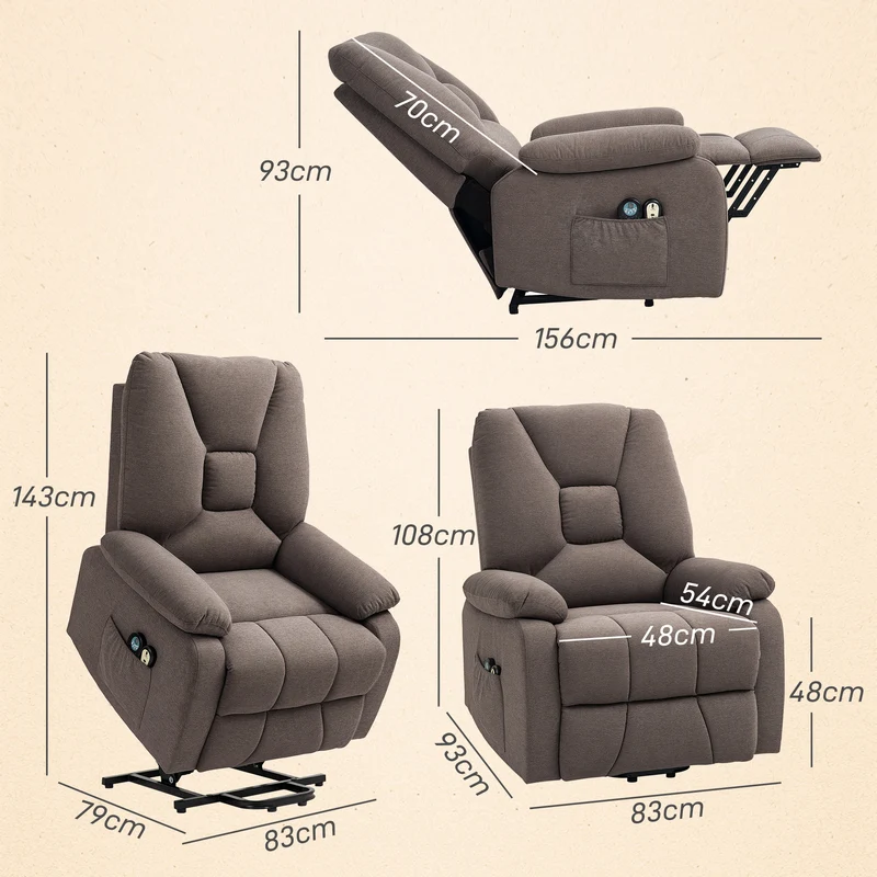 Fauteuil releveur électrique salon 83 x 93 x 108 cm inclinaison 135° massage chauffant moderne cosy en polyester marron 21_0000912