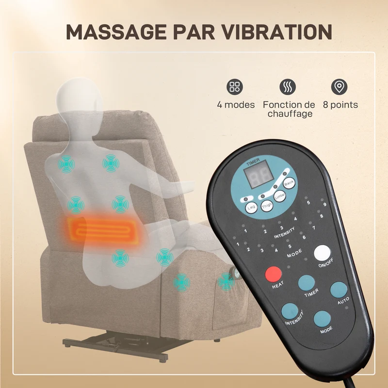 Fauteuil releveur électrique salon 83 x 93 x 108 cm inclinaison 135° massage chauffant moderne cosy en polyester marron 21_0000912