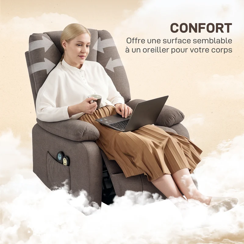 Fauteuil releveur électrique salon 83 x 93 x 108 cm inclinaison 135° massage chauffant moderne cosy en polyester marron 21_0000912