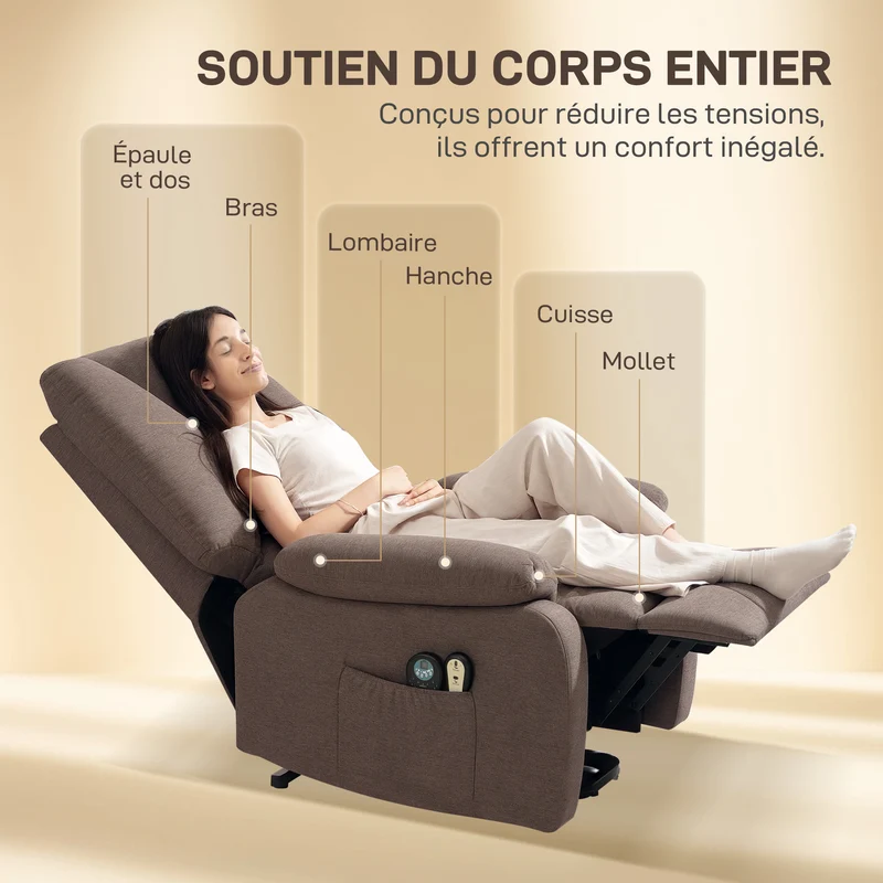 Fauteuil releveur électrique salon 83 x 93 x 108 cm inclinaison 135° massage chauffant moderne cosy en polyester marron 21_0000912