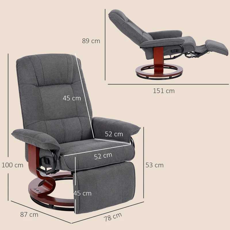 Fauteuil relax pivotant 360° inclinable repose-pieds réglable 78 x 87 x 100 cm confort rembourré design en tissu gris 21_0001742