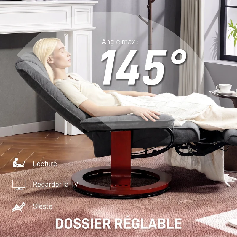 Fauteuil relax pivotant 360° inclinable repose-pieds réglable 78 x 87 x 100 cm confort rembourré design en tissu gris 21_0001742