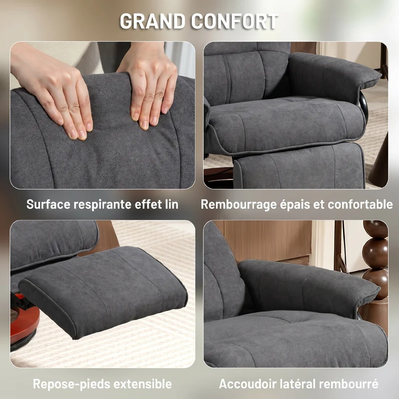 Fauteuil relax pivotant 360° inclinable repose-pieds réglable 78 x 87 x 100 cm confort rembourré design en tissu gris 21_0001742