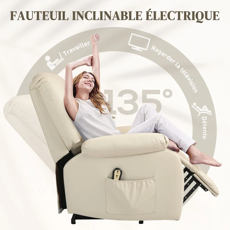 Fauteuil relax inclinable releveur électrique 86 x 92 x 102 cm repose-pied ergonomique contemporain en microfibre beige 21_0000893
