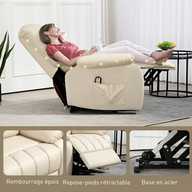 Fauteuil relax inclinable releveur électrique 86 x 92 x 102 cm repose-pied ergonomique contemporain en microfibre beige 21_0000893