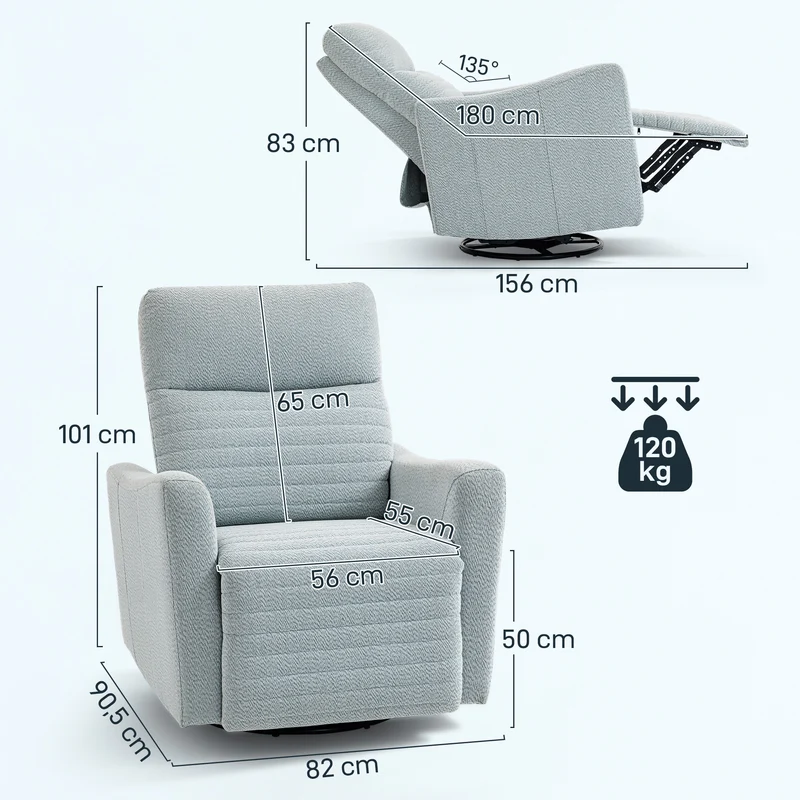 Fauteuil inclinable salon 82 x 90.5 x 101 cm inclinaison 135° repose-pieds moderne contemporain en lin gris-bleu clair 21_0003608