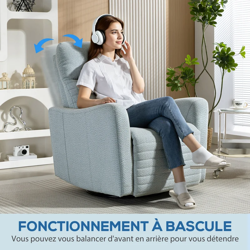 Fauteuil inclinable salon 82 x 90.5 x 101 cm inclinaison 135° repose-pieds moderne contemporain en lin gris-bleu clair 21_0003608