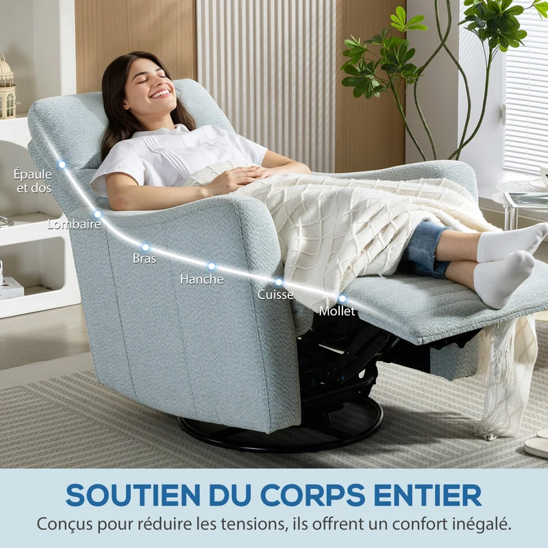 Fauteuil inclinable salon 82 x 90.5 x 101 cm inclinaison 135° repose-pieds moderne contemporain en lin gris-bleu clair 21_0003608
