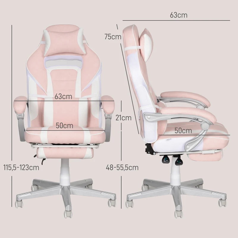 Fauteuil de jeu 115.5-123 x 63 x 63 cm dossier inclinable 150° repose-pieds rétractable moderne pour bureau en PU rose 21_0006269