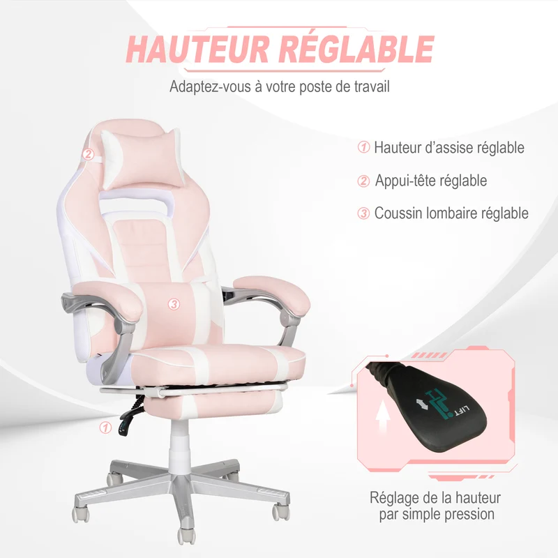 Fauteuil de jeu 115.5-123 x 63 x 63 cm dossier inclinable 150° repose-pieds rétractable moderne pour bureau en PU rose 21_0006269