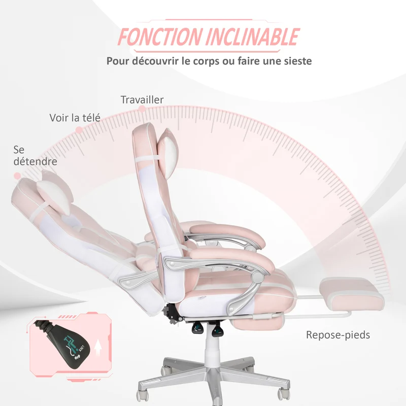 Fauteuil de jeu 115.5-123 x 63 x 63 cm dossier inclinable 150° repose-pieds rétractable moderne pour bureau en PU rose 21_0006269