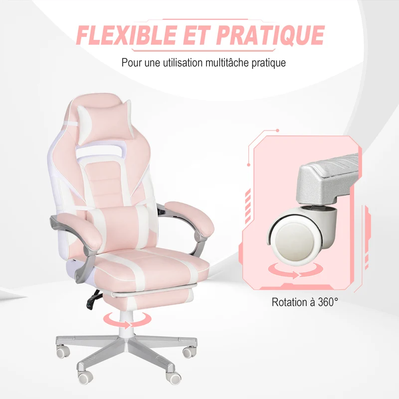Fauteuil de jeu 115.5-123 x 63 x 63 cm dossier inclinable 150° repose-pieds rétractable moderne pour bureau en PU rose 21_0006269
