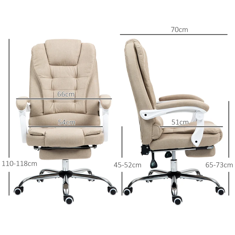 Fauteuil de bureau ergonomique pivotant 66 x 70 x 118 cm repose-pied inclinable assise moelleuse moderne en lin beige 21_0006162