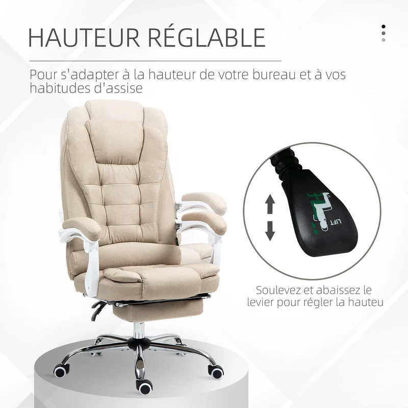 Fauteuil de bureau ergonomique pivotant 66 x 70 x 118 cm repose-pied inclinable assise moelleuse moderne en lin beige 21_0006162