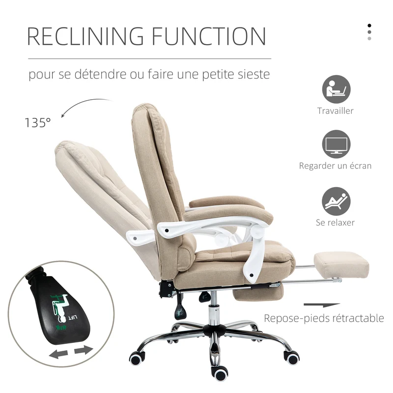 Fauteuil de bureau ergonomique pivotant 66 x 70 x 118 cm repose-pied inclinable assise moelleuse moderne en lin beige 21_0006162
