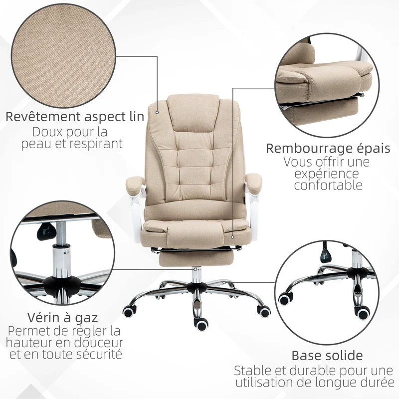 Fauteuil de bureau ergonomique pivotant 66 x 70 x 118 cm repose-pied inclinable assise moelleuse moderne en lin beige 21_0006162