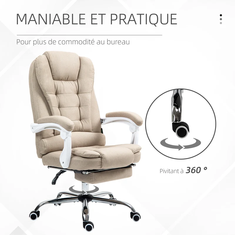 Fauteuil de bureau ergonomique pivotant 66 x 70 x 118 cm repose-pied inclinable assise moelleuse moderne en lin beige 21_0006162