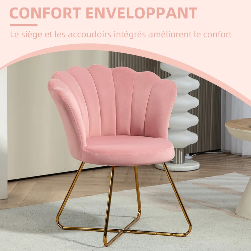 Fauteuil coquillage chaise coiffeuse 69 x 64 x 80 cm confort enveloppant dossier ergonomique moderne en velours rose 21_0003446
