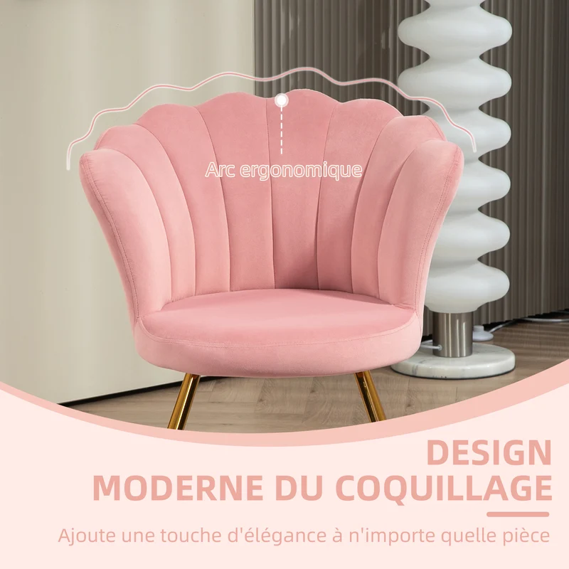 Fauteuil coquillage chaise coiffeuse 69 x 64 x 80 cm confort enveloppant dossier ergonomique moderne en velours rose 21_0003446