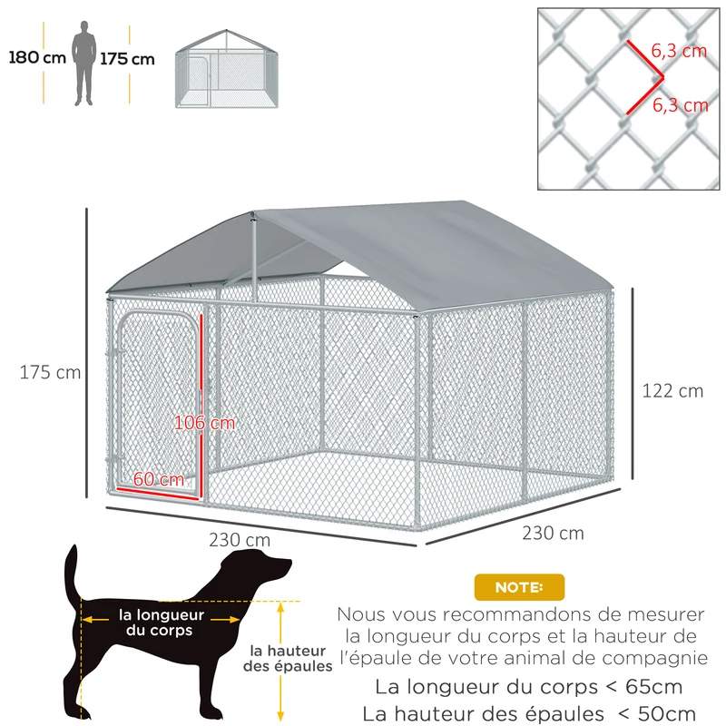 Chenil extérieur avec toit 230 x 230 x 175 cm idéal pour chiens moyens ombrage porte sécurisée moderne en acier argent 21_0007280