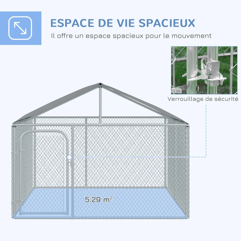 Chenil extérieur avec toit 230 x 230 x 175 cm idéal pour chiens moyens ombrage porte sécurisée moderne en acier argent 21_0007280