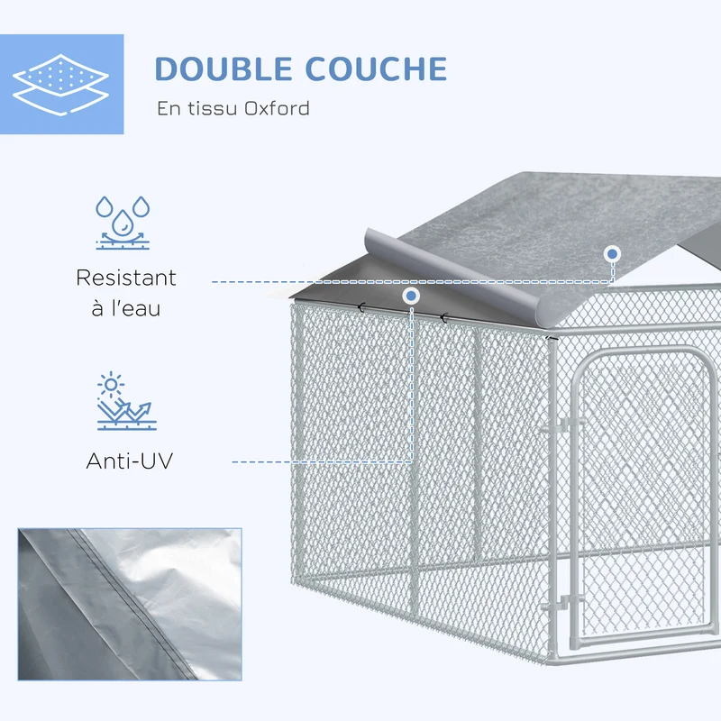 Chenil extérieur avec toit 230 x 230 x 175 cm idéal pour chiens moyens ombrage porte sécurisée moderne en acier argent 21_0007280