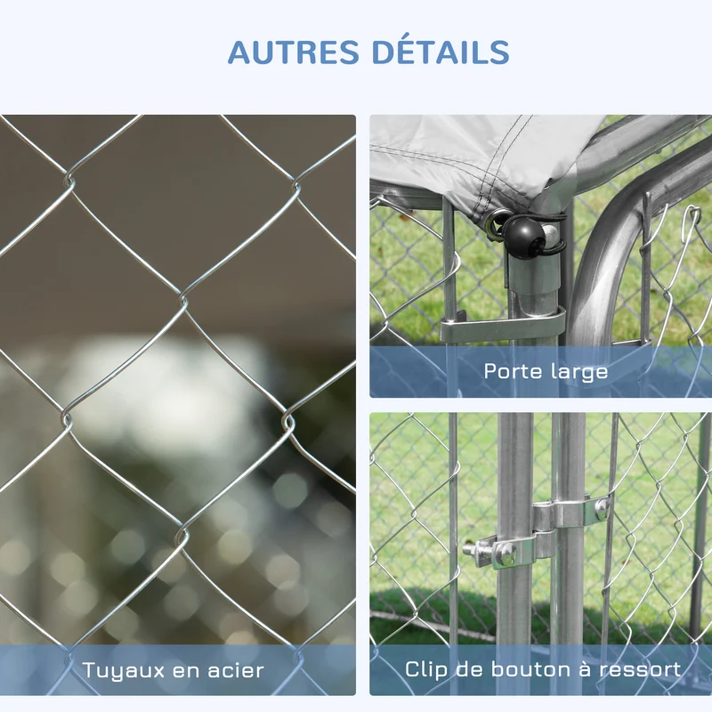 Chenil extérieur avec toit 230 x 230 x 175 cm idéal pour chiens moyens ombrage porte sécurisée moderne en acier argent 21_0007280