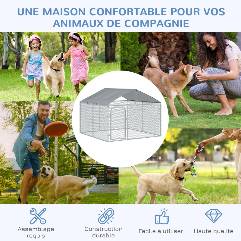 Chenil extérieur avec toit 230 x 230 x 175 cm idéal pour chiens moyens ombrage porte sécurisée moderne en acier argent 21_0007280