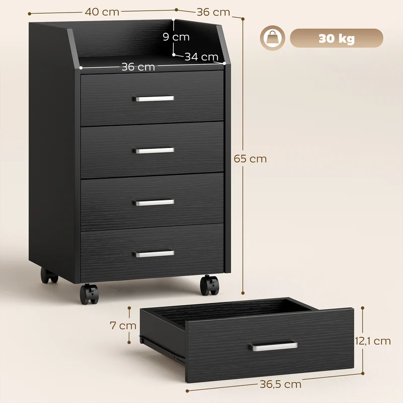 Caisson de bureau sur roulettes 4 tiroirs 40 x 36 x 65 cm rangement mobile avec freins style moderne épuré en MDF noir 21_0006385