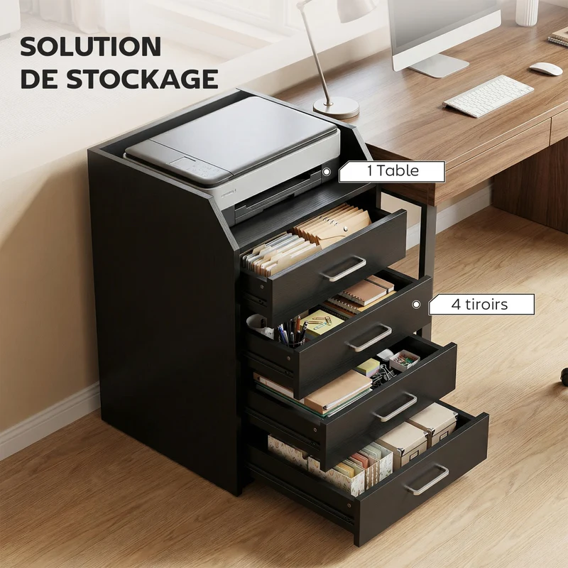 Caisson de bureau sur roulettes 4 tiroirs 40 x 36 x 65 cm rangement mobile avec freins style moderne épuré en MDF noir 21_0006385