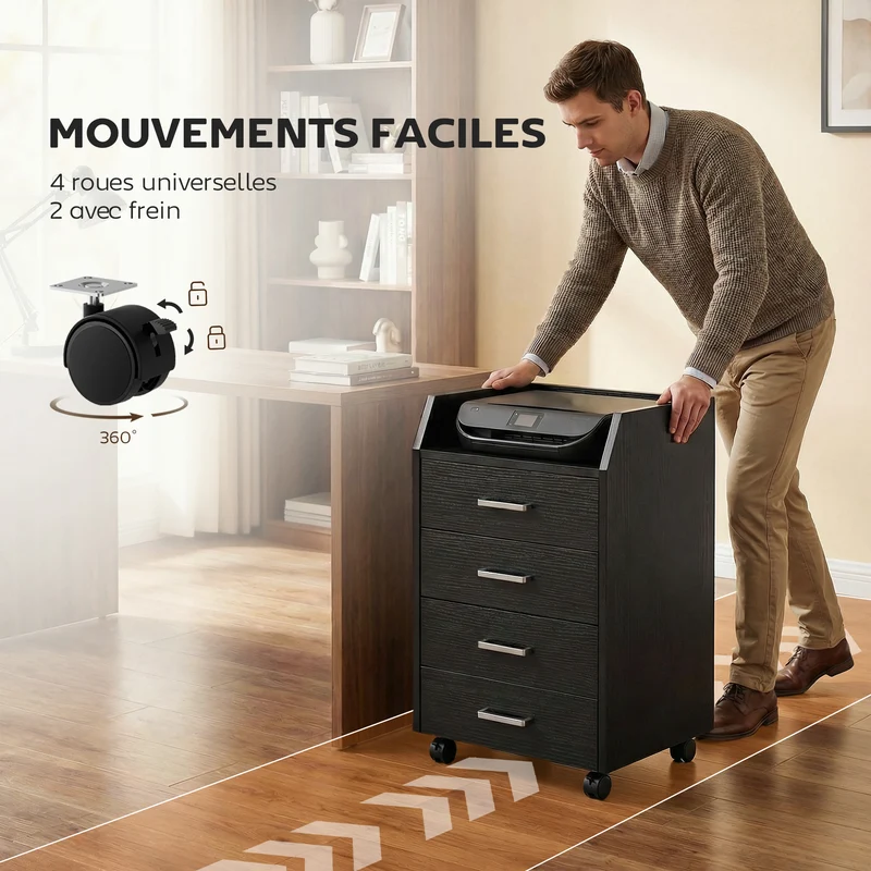 Caisson de bureau sur roulettes 4 tiroirs 40 x 36 x 65 cm rangement mobile avec freins style moderne épuré en MDF noir 21_0006385