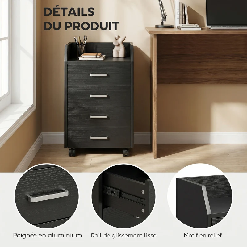 Caisson de bureau sur roulettes 4 tiroirs 40 x 36 x 65 cm rangement mobile avec freins style moderne épuré en MDF noir 21_0006385