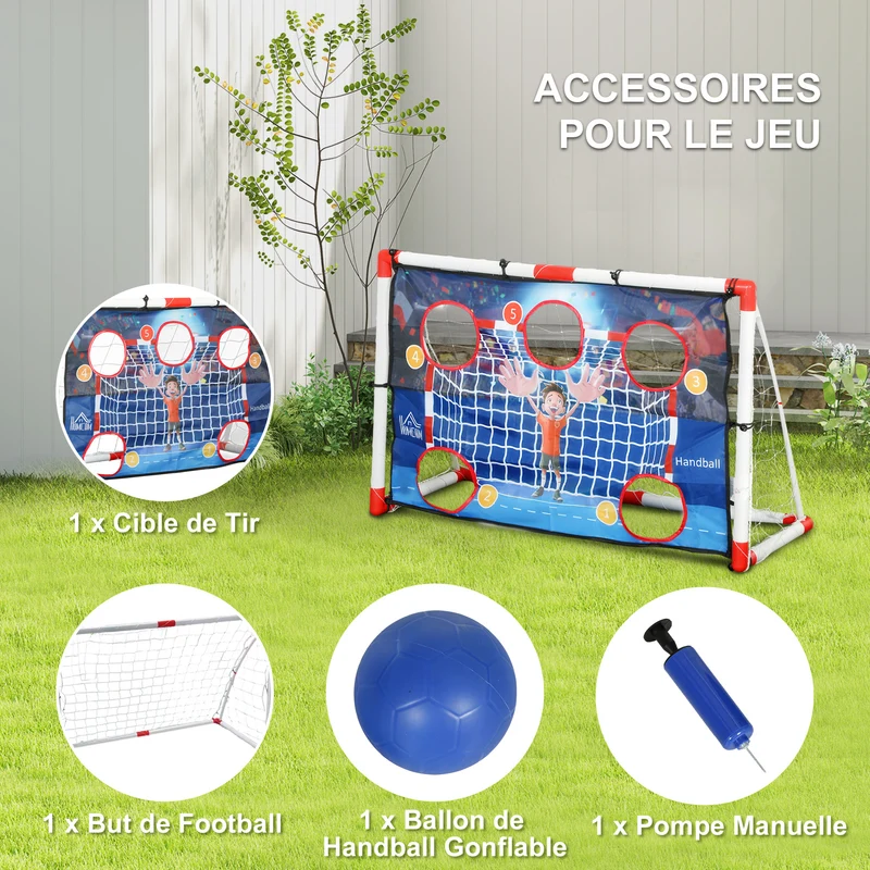 Cage de handball enfant jardin 116 x 48 x 76 cm avec ballon et pompe montage rapide moderne tendance en plastique blanc 21_0006632