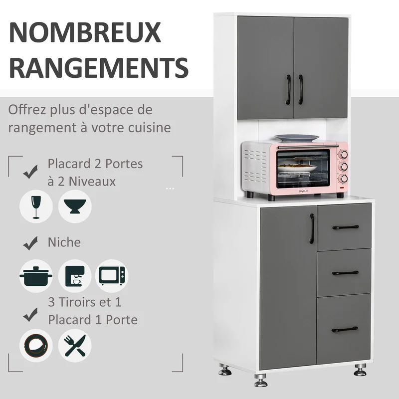 Buffet haut cuisine 60 x 40 x 160 cm rangement plan de travail pour salon moderne épuré en panneaux de particules gris 21_0002217