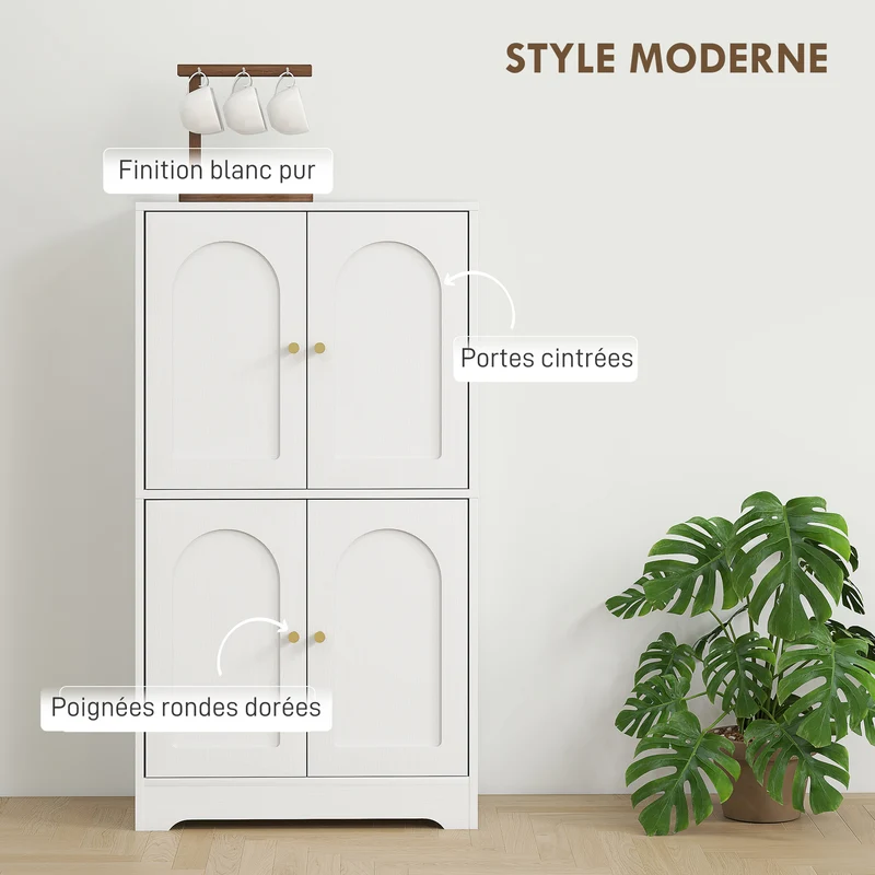 Buffet de cuisine rangement 60 x 30 x 110 cm étagères réglables sécurité moderne épuré en panneau de particules blanc 21_0003322