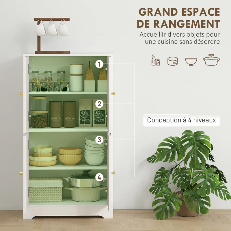 Buffet de cuisine rangement 60 x 30 x 110 cm étagères réglables sécurité moderne épuré en panneau de particules blanc 21_0003322