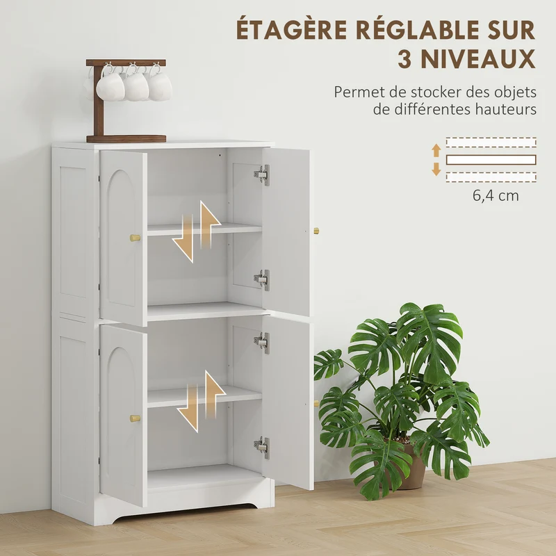 Buffet de cuisine rangement 60 x 30 x 110 cm étagères réglables sécurité moderne épuré en panneau de particules blanc 21_0003322