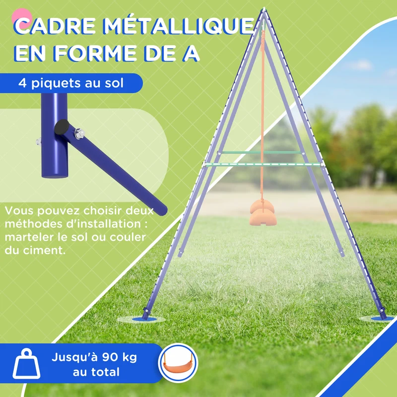 Balançoire portique enfants 269 x 160 x 180 cm 2 sièges stabilité ancrage sol style contemporain jardin en métal bleu 21_0000374