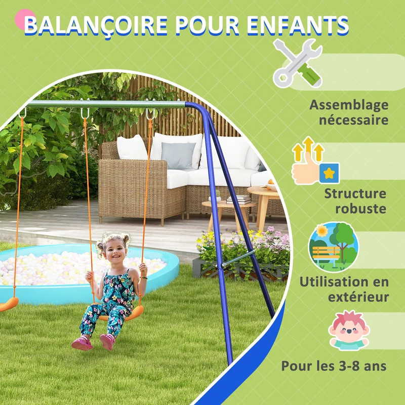 Balançoire portique enfants 269 x 160 x 180 cm 2 sièges stabilité ancrage sol style contemporain jardin en métal bleu 21_0000374
