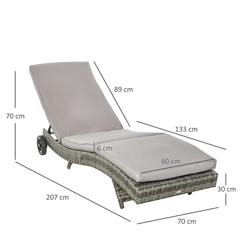 Bain de soleil transat 207 x 70 x 70 cm dossier inclinable 5 positions 2 roulettes design contemporain en résine grise 21_0006006