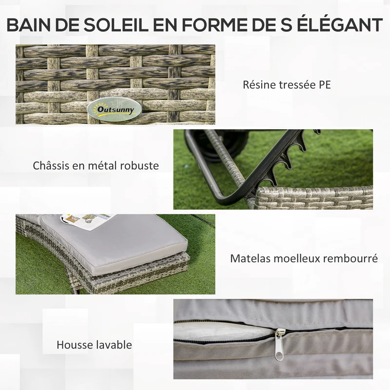 Bain de soleil transat 207 x 70 x 70 cm dossier inclinable 5 positions 2 roulettes design contemporain en résine grise 21_0006006