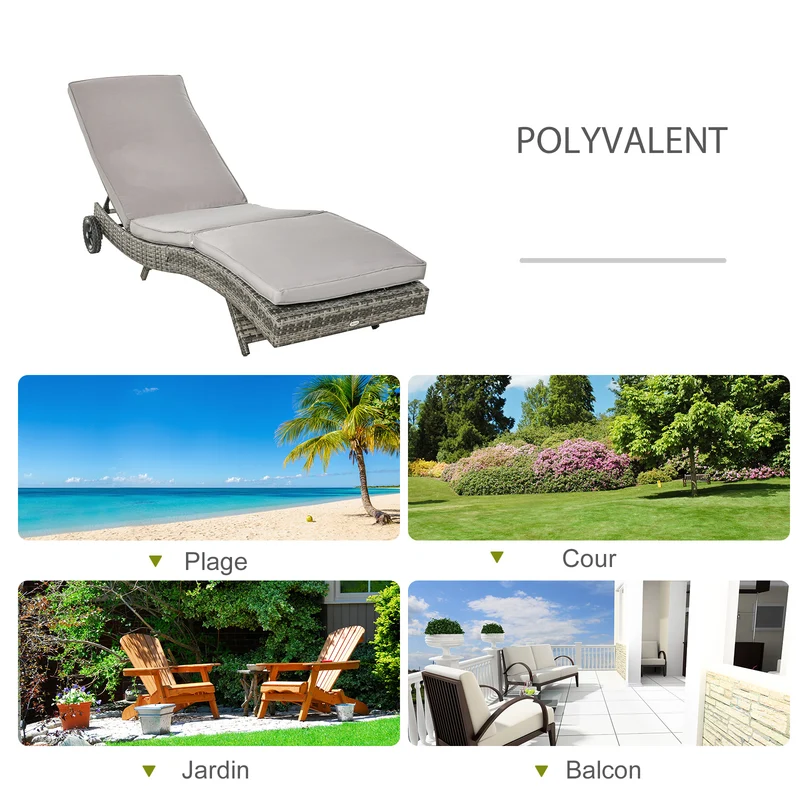Bain de soleil transat 207 x 70 x 70 cm dossier inclinable 5 positions 2 roulettes design contemporain en résine grise 21_0006006