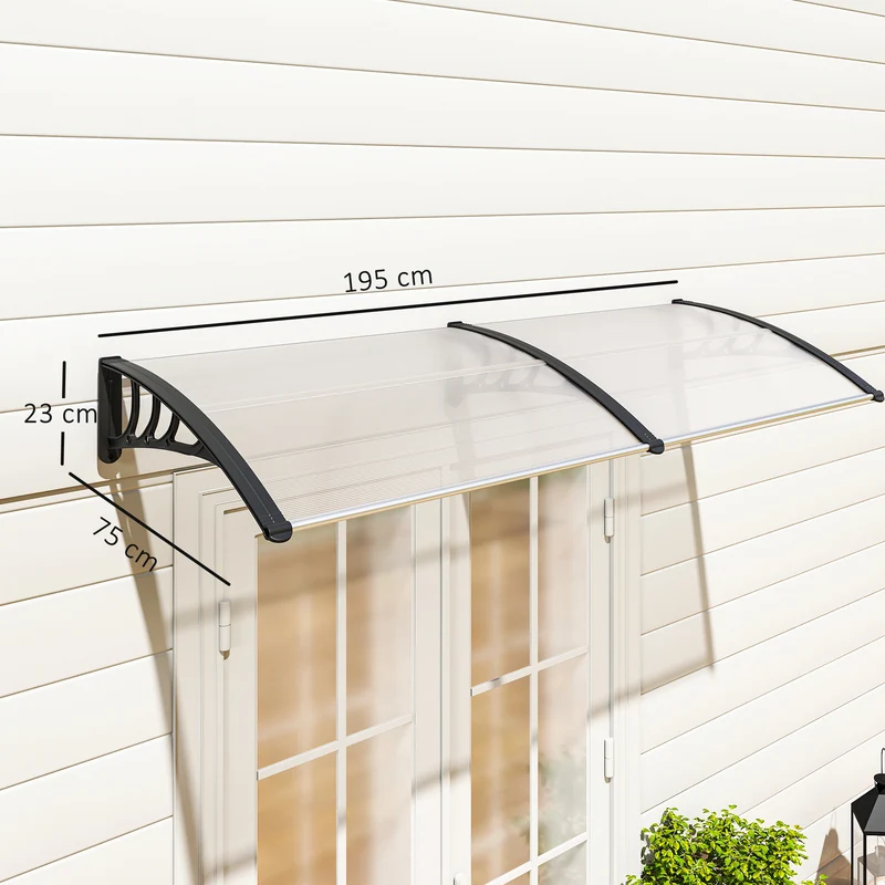Auvent de porte marquise 195 x 75 x 23 cm protection pluie uv montage mural facile épuré en polycarbonate transparent 21_0007100