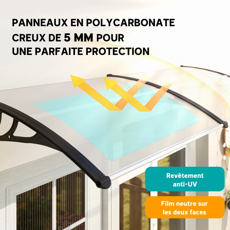 Auvent de porte marquise 195 x 75 x 23 cm protection pluie uv montage mural facile épuré en polycarbonate transparent 21_0007100