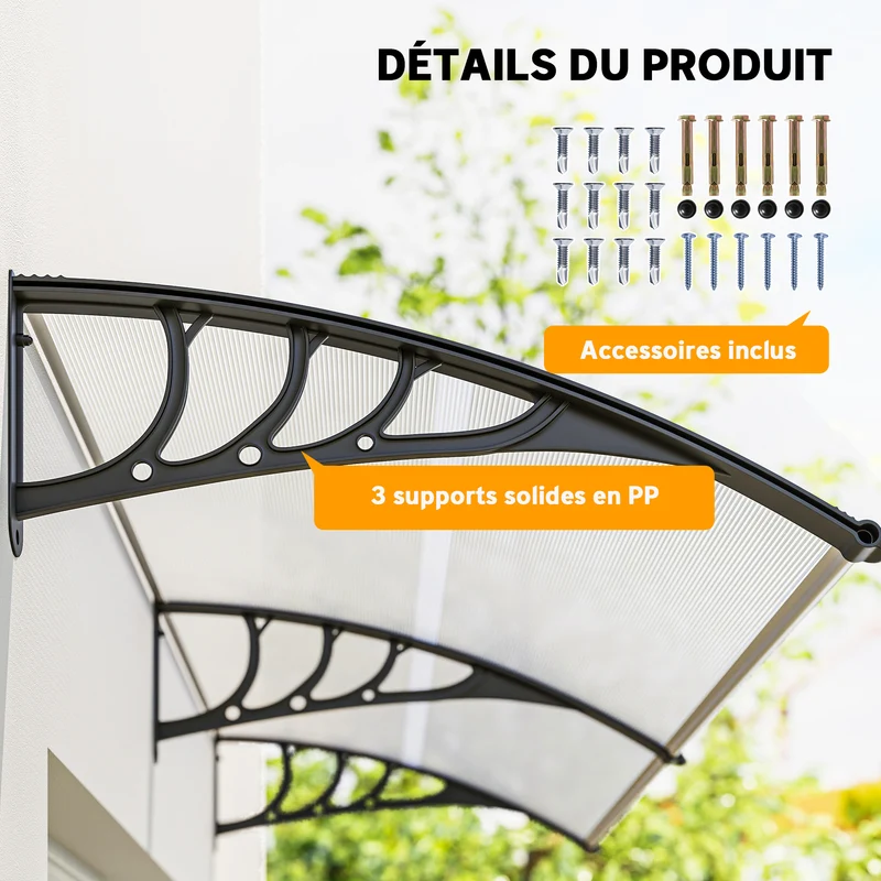 Auvent de porte marquise 195 x 75 x 23 cm protection pluie uv montage mural facile épuré en polycarbonate transparent 21_0007100