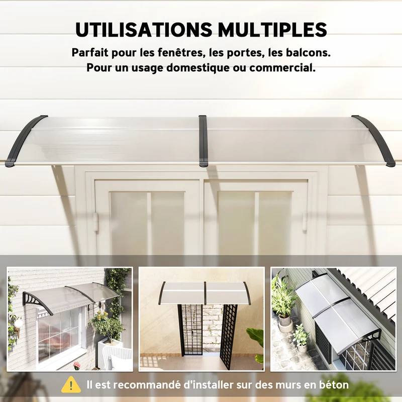 Auvent de porte marquise 195 x 75 x 23 cm protection pluie uv montage mural facile épuré en polycarbonate transparent 21_0007100